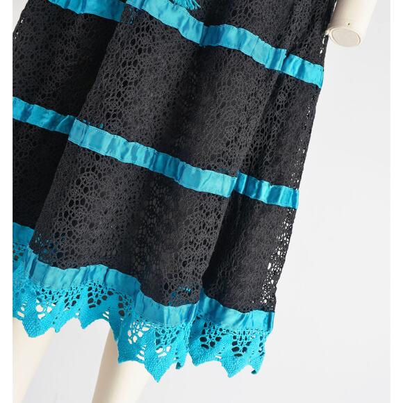 Vintage 80s Lace Mexican Black and Blue Boho Off the Shoulder Peasant Dress S M - Picture 8 of 8